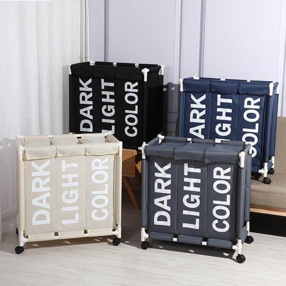 1pc mobile laundry basket 3 grid large laundry hamper bin with wheels waterproof laundry organizer bags for dirty clothes storage and organizer   details 0