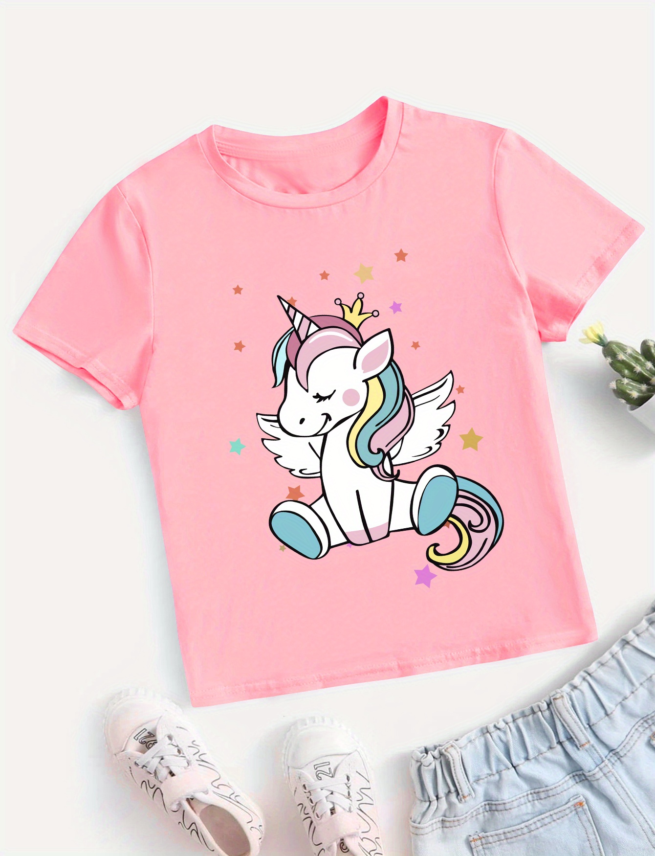 Girls Cute Unicorn Crown Stars Bow Graphic Athletic Workout - Temu