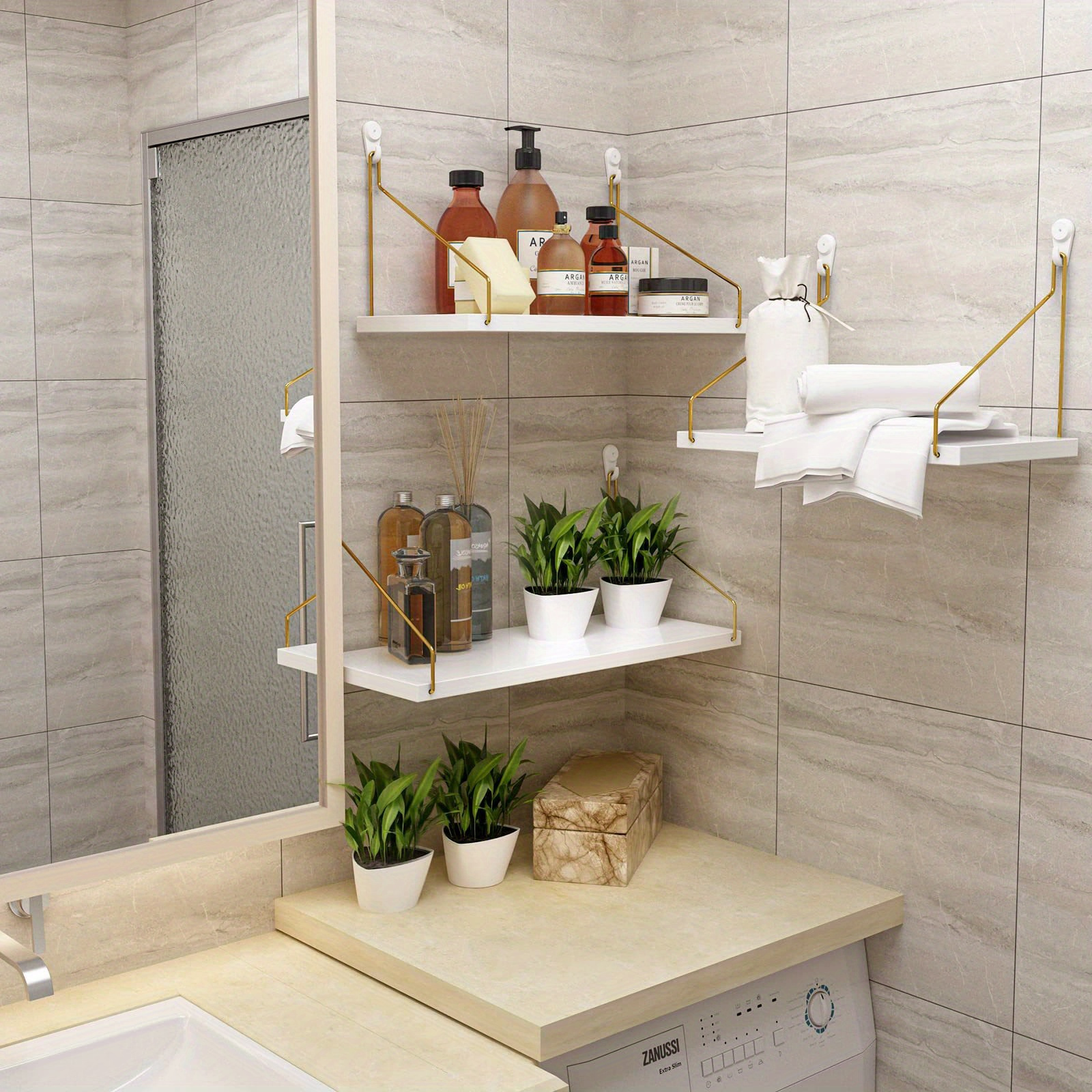 White Floating Shelves With Golden Metal Brackets Hanging Temu New