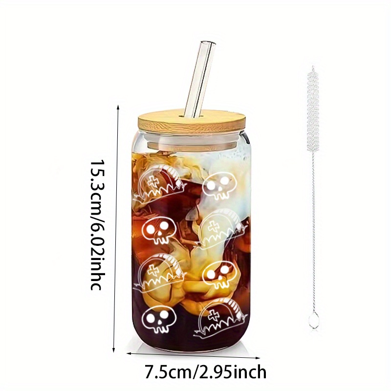 Halloween Ghost Ice Coffee Tumbler, Spooky Season Frosted Glass Tumbler,  Fall Glass Can, Bats Halloween Mug, Glass Cups Bamboo Lid and Straw 