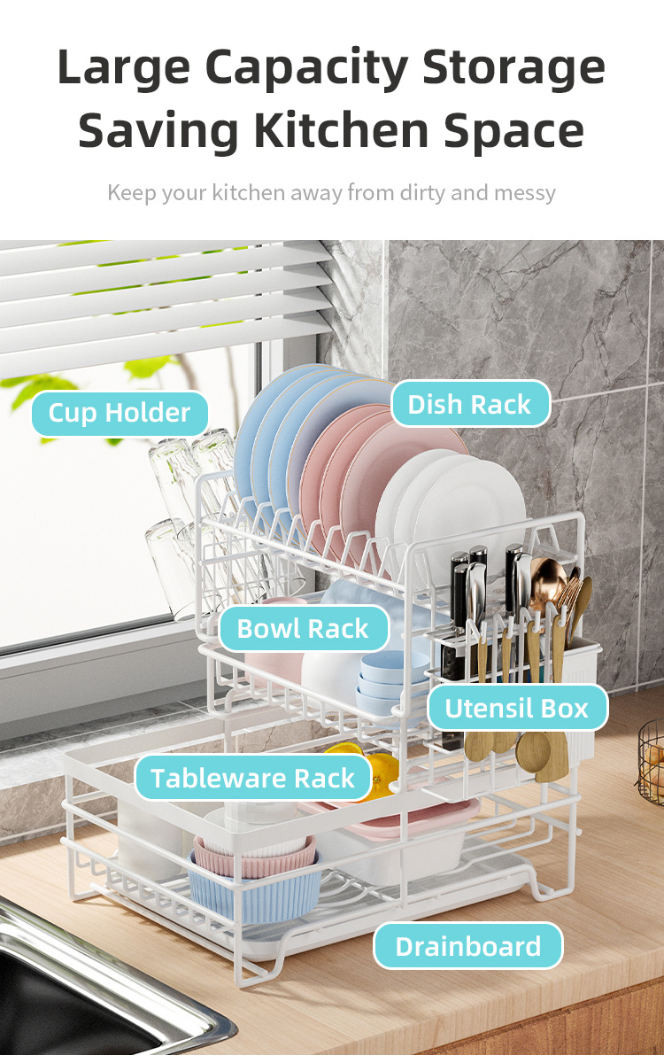 1pc Dish Drying Rack With Drainboard, Large Dish Rack And Drainboard Set  With Utensil Holder, Cutting Board Holder, Cup Rack For Kitchen Counter,  Blac