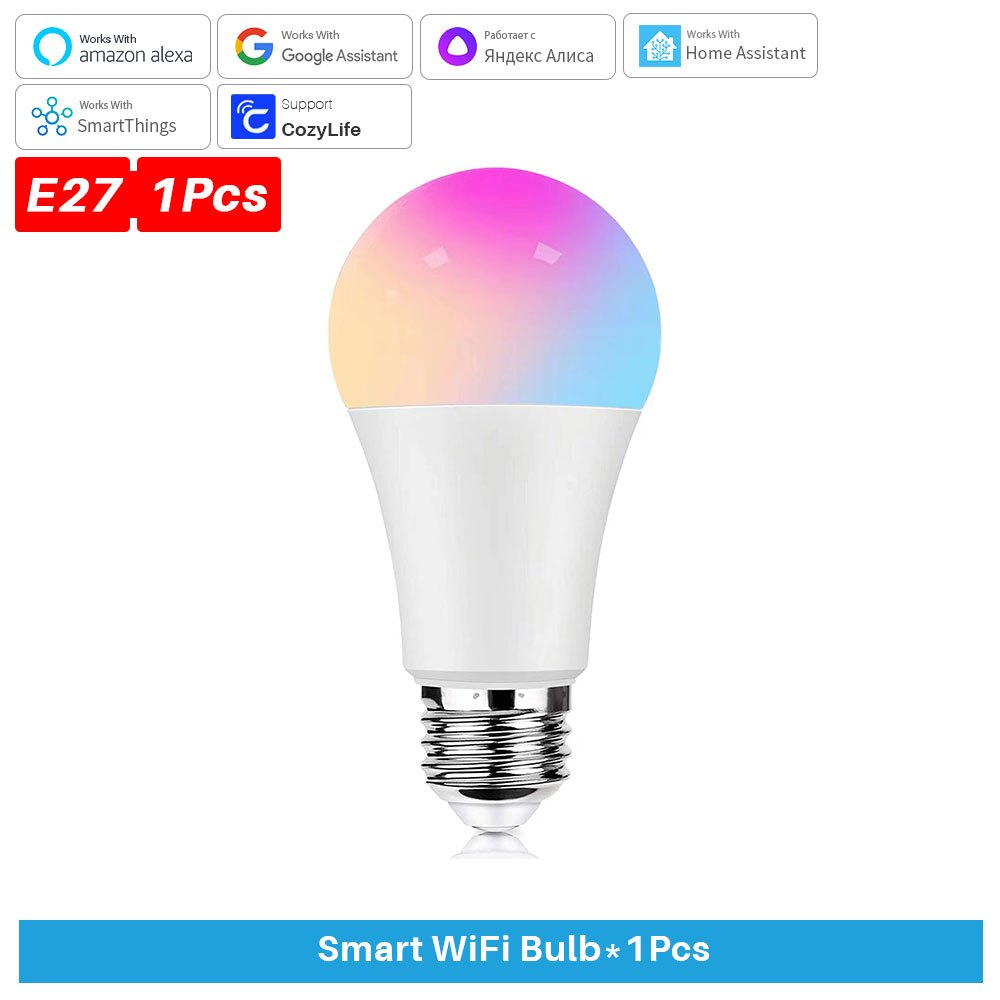  Bombilla inteligente WiFi E27/E26/B22, bombilla inteligente  regulable de 9 W funciona con Alexa Google Home, ritmo de música, RGB+CW,  2700K-6500K, 810Lm, control remoto de aplicación CozyLife, no requiere  concentrador : Herramientas