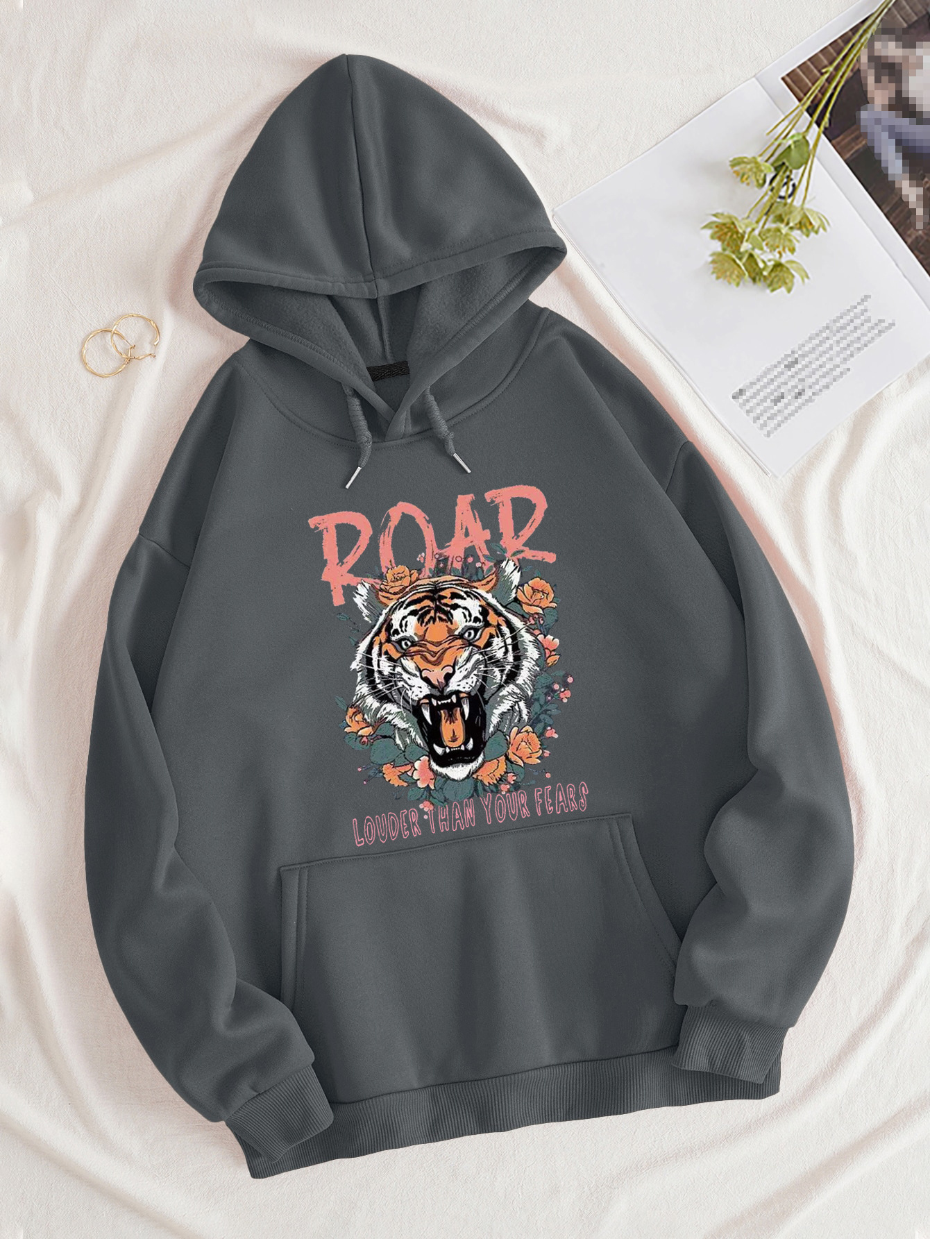 Tiger Floral Print Hoodie Casual Kangaroo Pocket Drawstring Temu