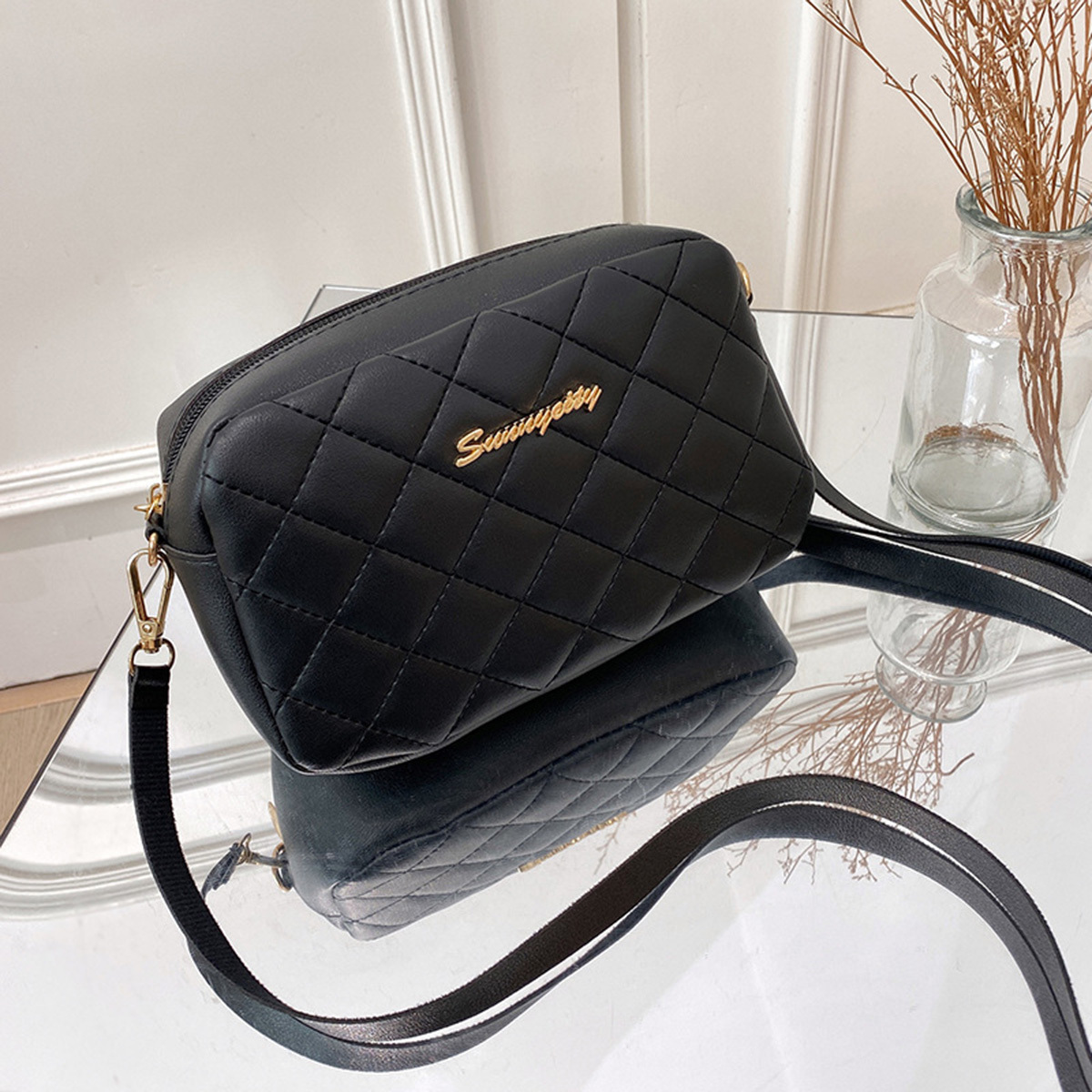 Real Leather Quilted Small Black Crossbody Purse With Leather And Silver  Chain Strap For Women