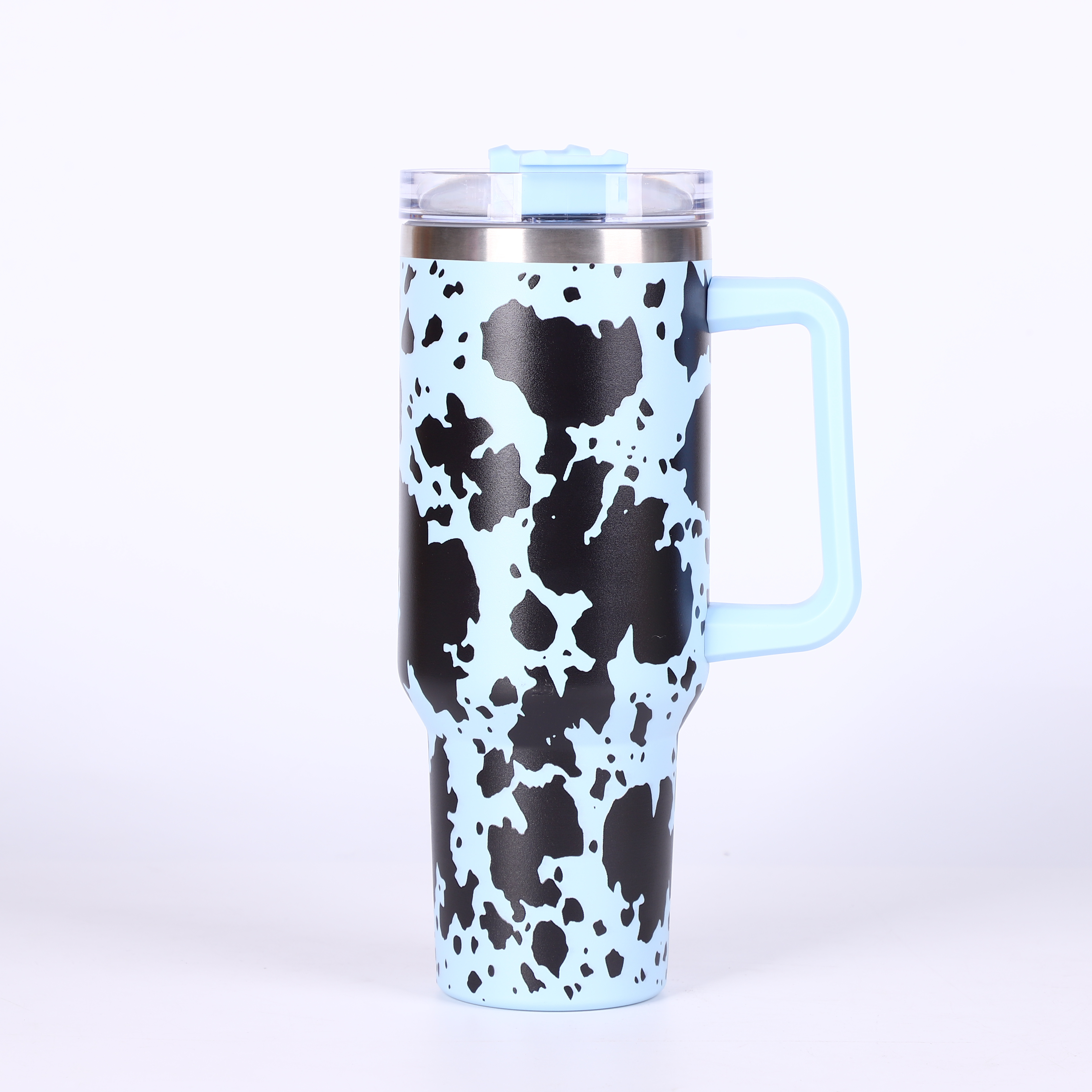 Black/White Cow Print Insulated Tumbler Cup with Handle