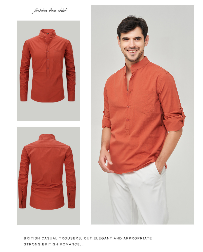 Men's Casual Button Solid Long Sleeve Mandarin Collar Shirt Temu