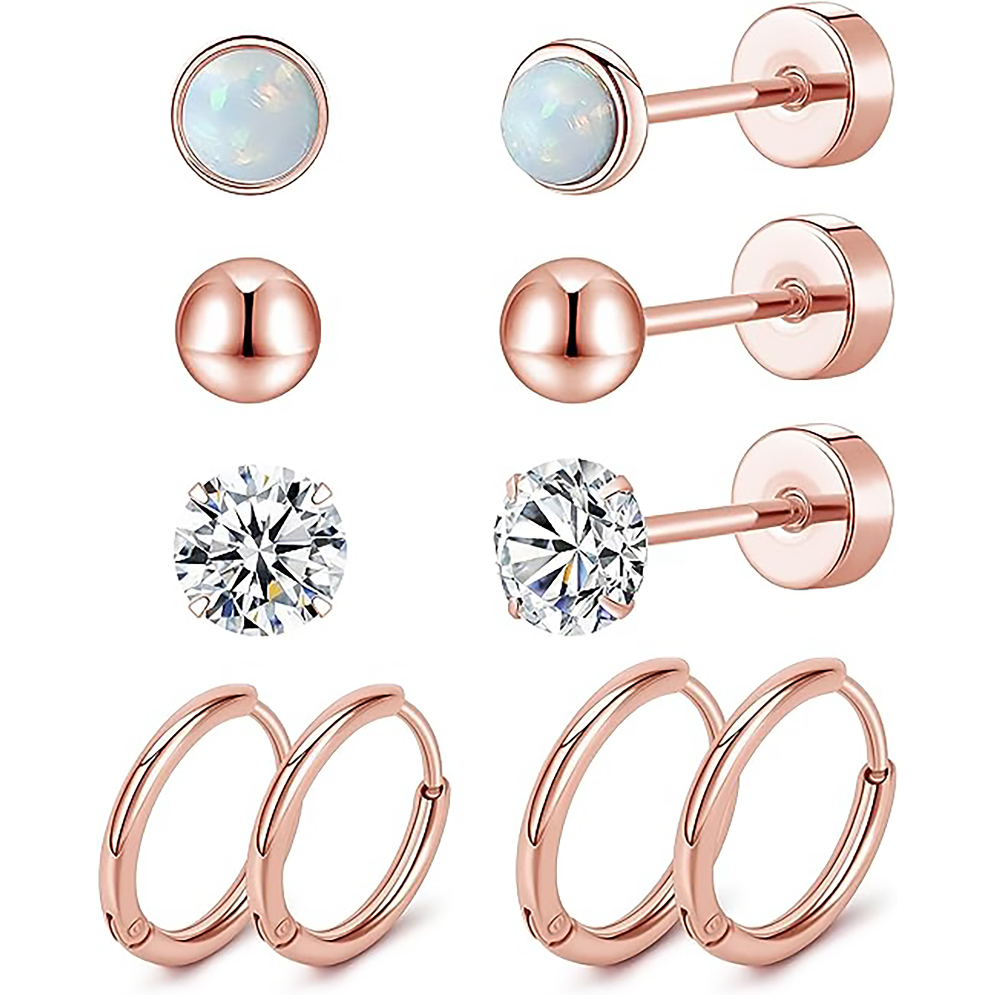 5 Pairs Stud Earrings Set, Hypoallergenic Cubic Zirconia 316L Earrings  Stainless Steel CZ Earrings 3-8mm, Rose Gold