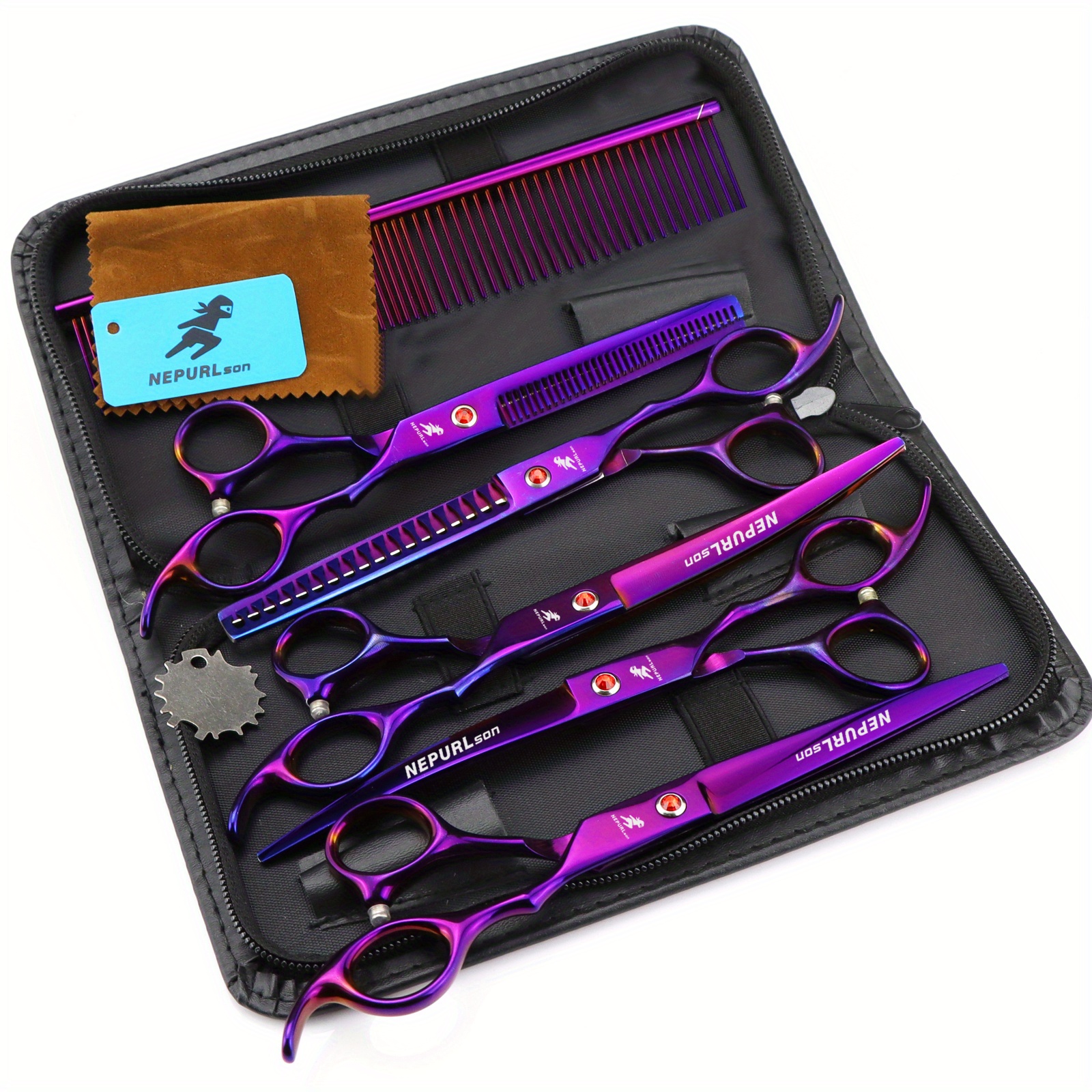 TEMU 7.0-inch Pet Grooming Scissors Set Including Straight Scissors, Dental Scissors, Fishbone Scissors, And Curved Scissors In Colorful Purple