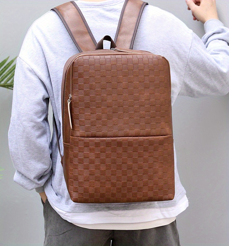 Men's Backpack Plaid Pu Business Office Backpack Student Schoolbag