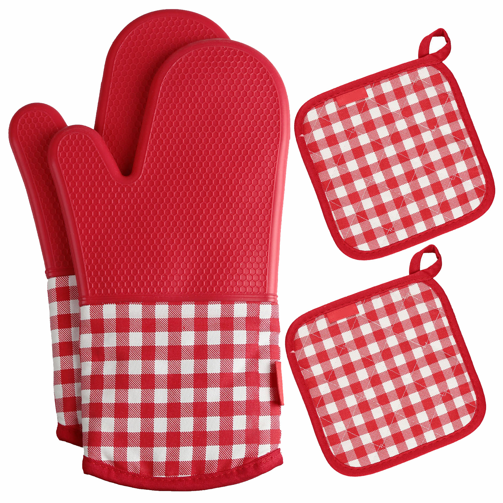  Juego de 4 manoplas de horno y soportes para ollas, guantes de  horno 572F resistentes al calor para cocina, guantes de horno con forro de  algodón suave con superficie de silicona