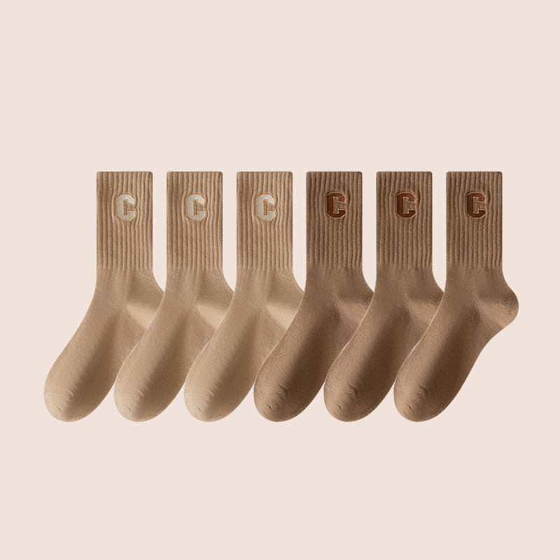 Ladies' Khaki Color Striped Mid-calf Socks With Letter Embroidery