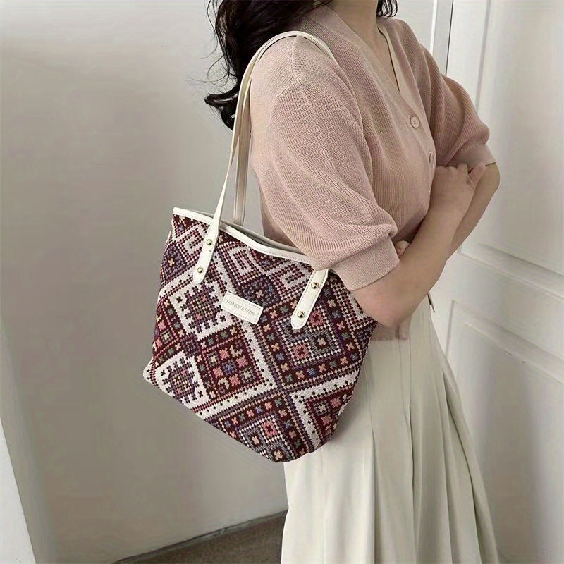 Vintage Geometric Print Tote Bag, Large Capacity Hobo Bag, Women's Retro  Fashion Handbag & Shoulder Bag For Commute - Temu