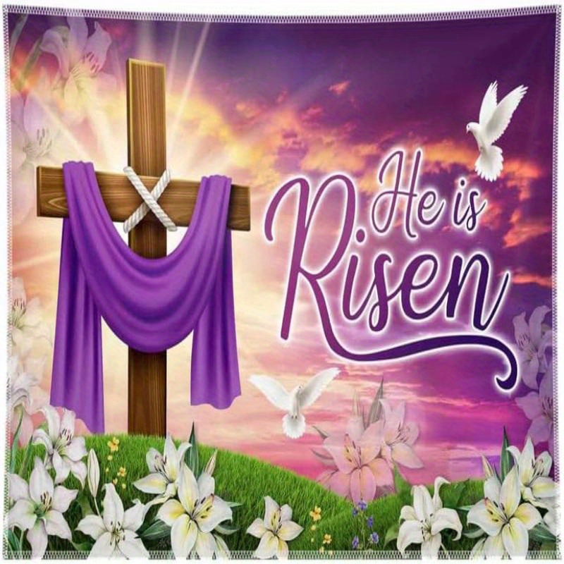 1pc, Fabric He Is Risen Easter Backdrop Spring Christian Cross Lily Jesus  Photography Background Religious Party Decorations Photo Banner Booth Props