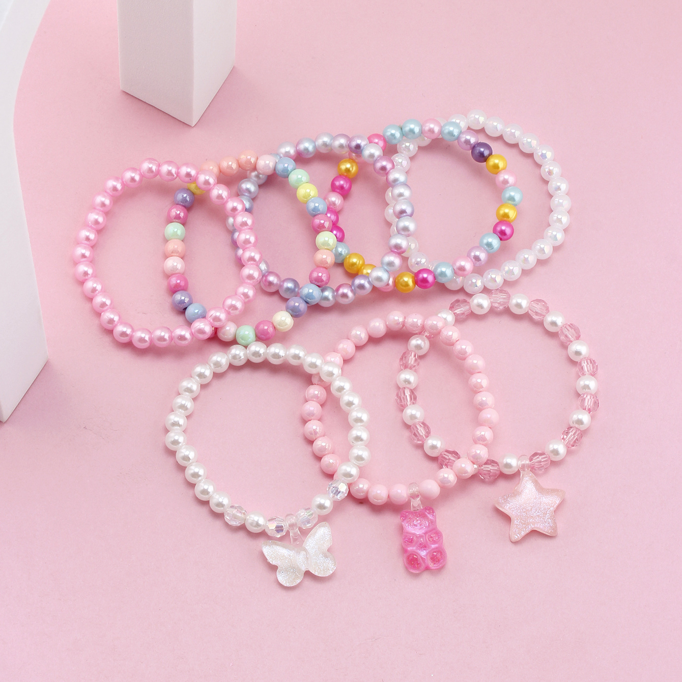 TEMU 8pcs Girl's Cute Butterfly Bear Pendant, Charm Beaded Bracelet Set Random Color