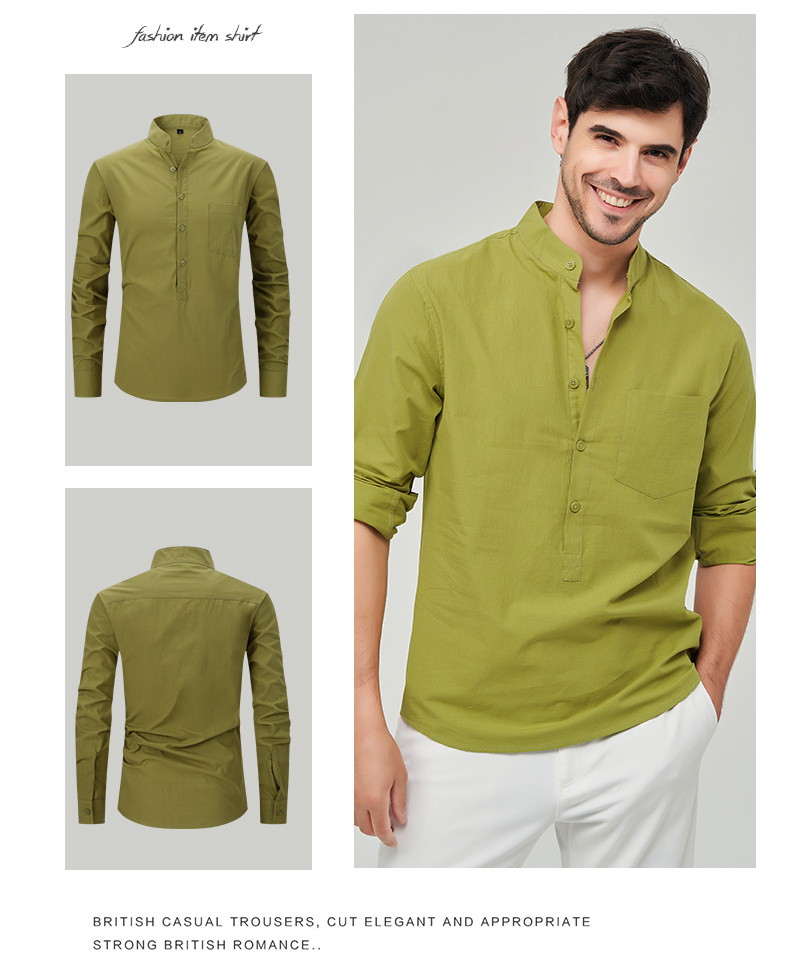 Men's Casual Button Solid Long Sleeve Mandarin Collar Shirt Temu