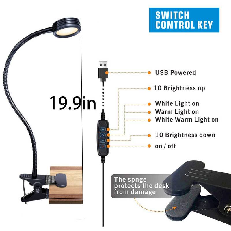 KOOTION 5W 48 LED USB Desk Lamp - Dimmable Clip-On Gooseneck Light For Reading