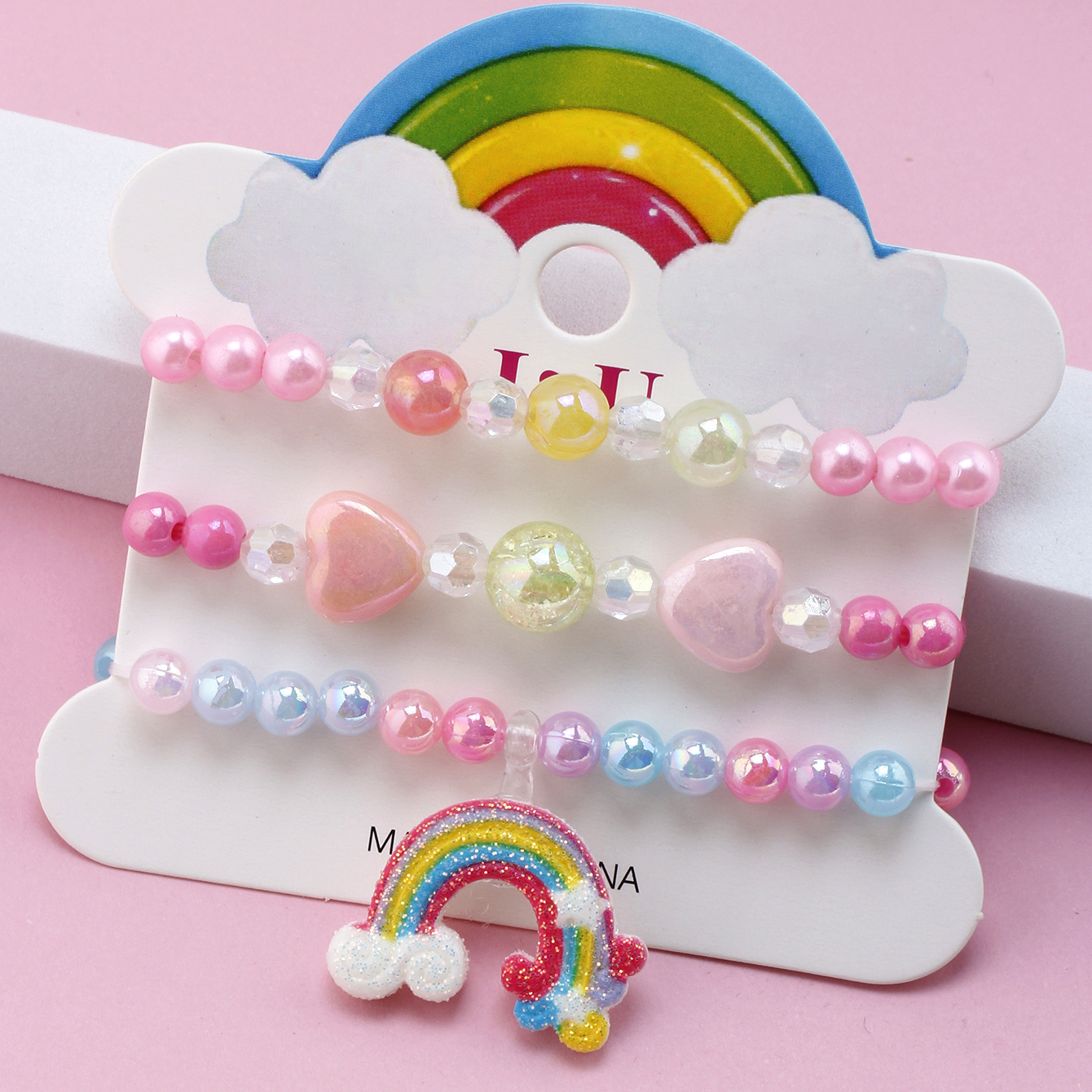 3pcs Girl Unicorn Pendant Multi-Colored Beaded Bracelet Set for Children,Temu