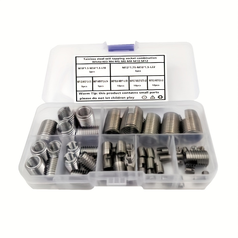 

50pcs Quick Thread Inserts With Storage Box, Stainless Steel Internal Thread Self Tapping Thread Insert Kit M3 M12 Self Tapping Thread Insert Thread Reinforcement Repair Tool