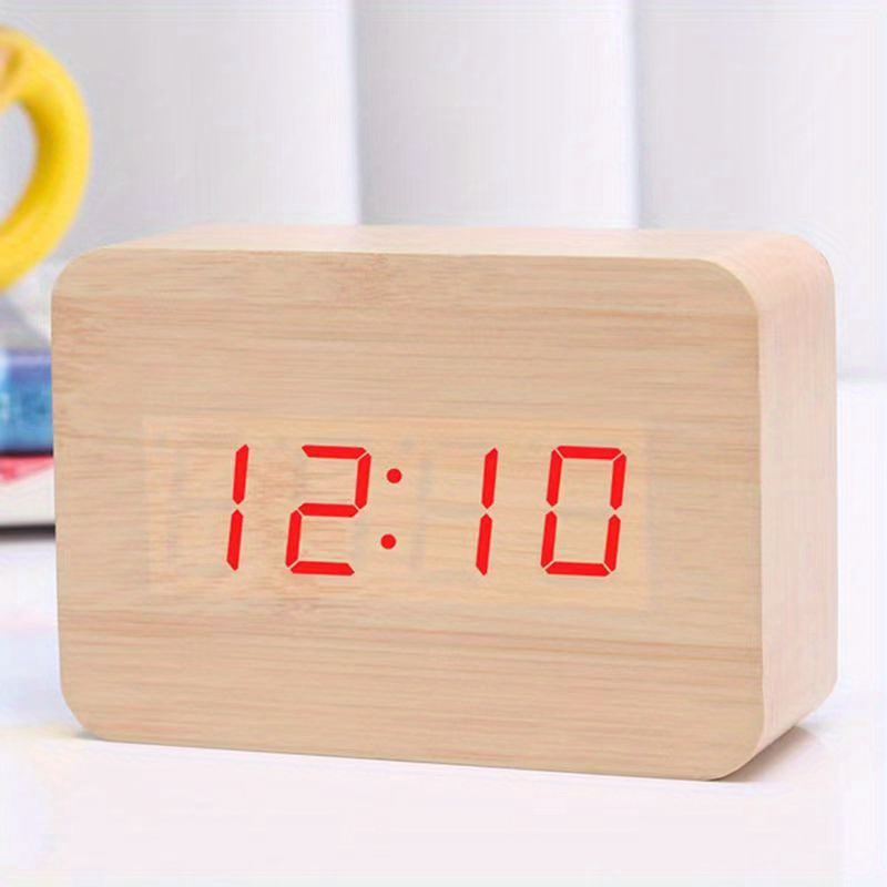  NW - Reloj despertador de madera con función de temperatura,  reloj despertador LED, control de voz, reloj digital electrónico de madera,  pequeño reloj despertador USB decoración regalo (verde, madera marrón) 
