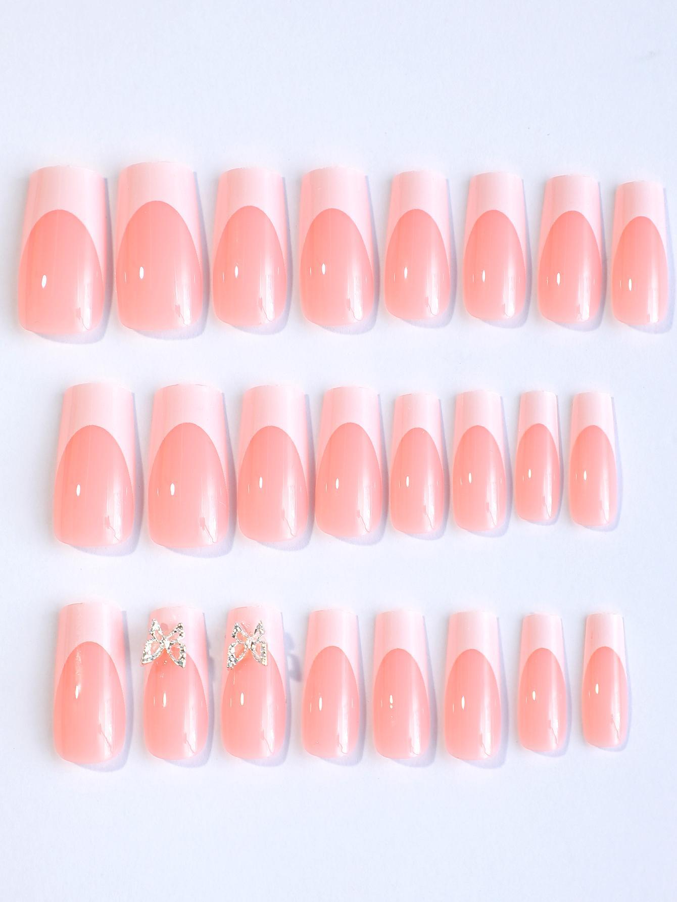Get Glamorous With 24pcs Light Nude Pink Press on Nails, Long Almond  Glitter Ombre Full Cover Fake Nail Set | SHEIN EUQS