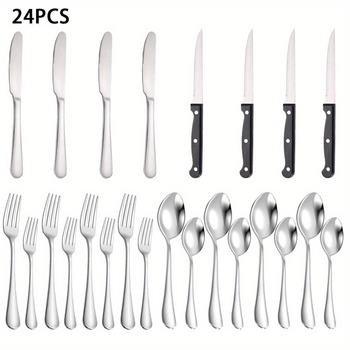 24 Pcs Silverware Set with Steak Knives Service for 4,Stainless