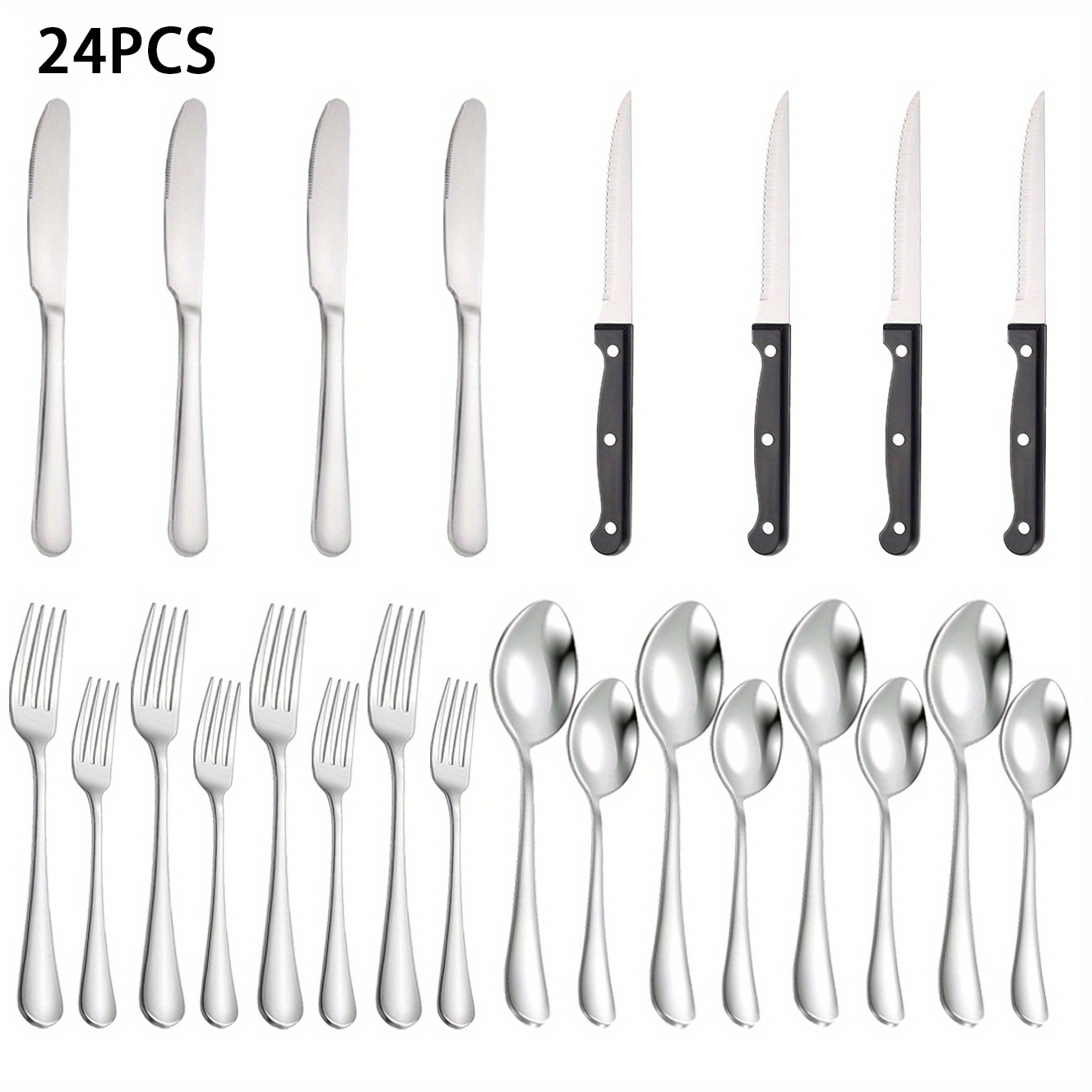 24 Pcs Silverware Set with Steak Knives Service for 4,Stainless Steel  Flatware Set,Mirror Polished Cutlery Utensil Set,Home Kitchen Eating  Tableware