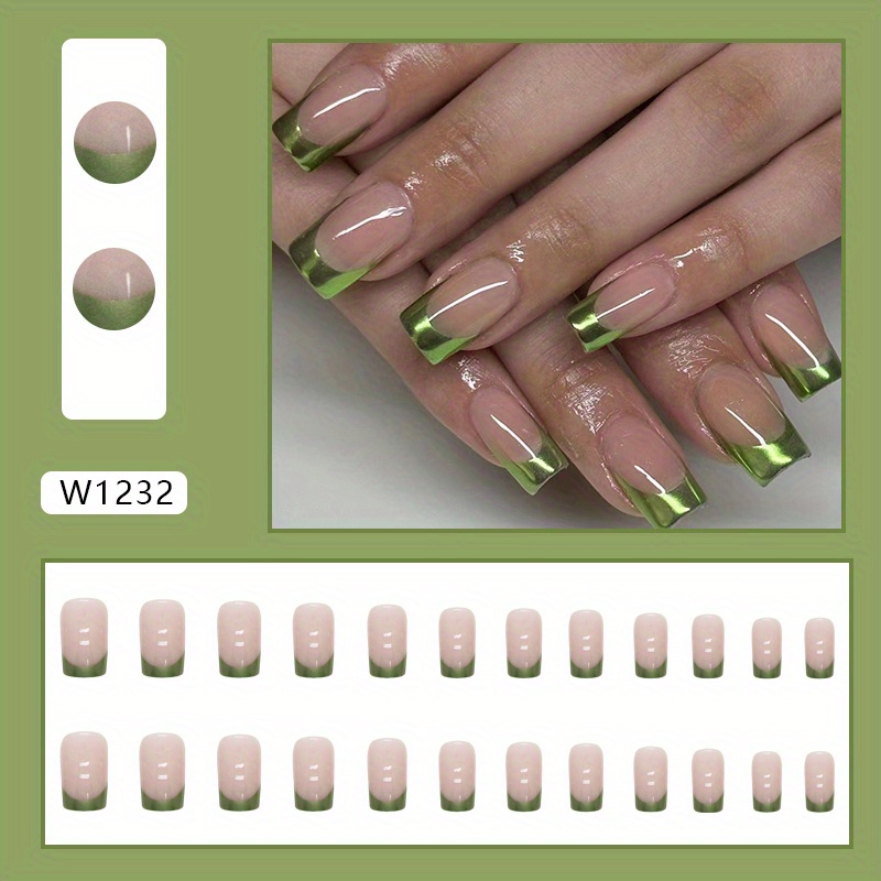 24pcs glossy pink square fake nails medium long aurora green french tip press on nails sweet cool false nails for women girls details 1