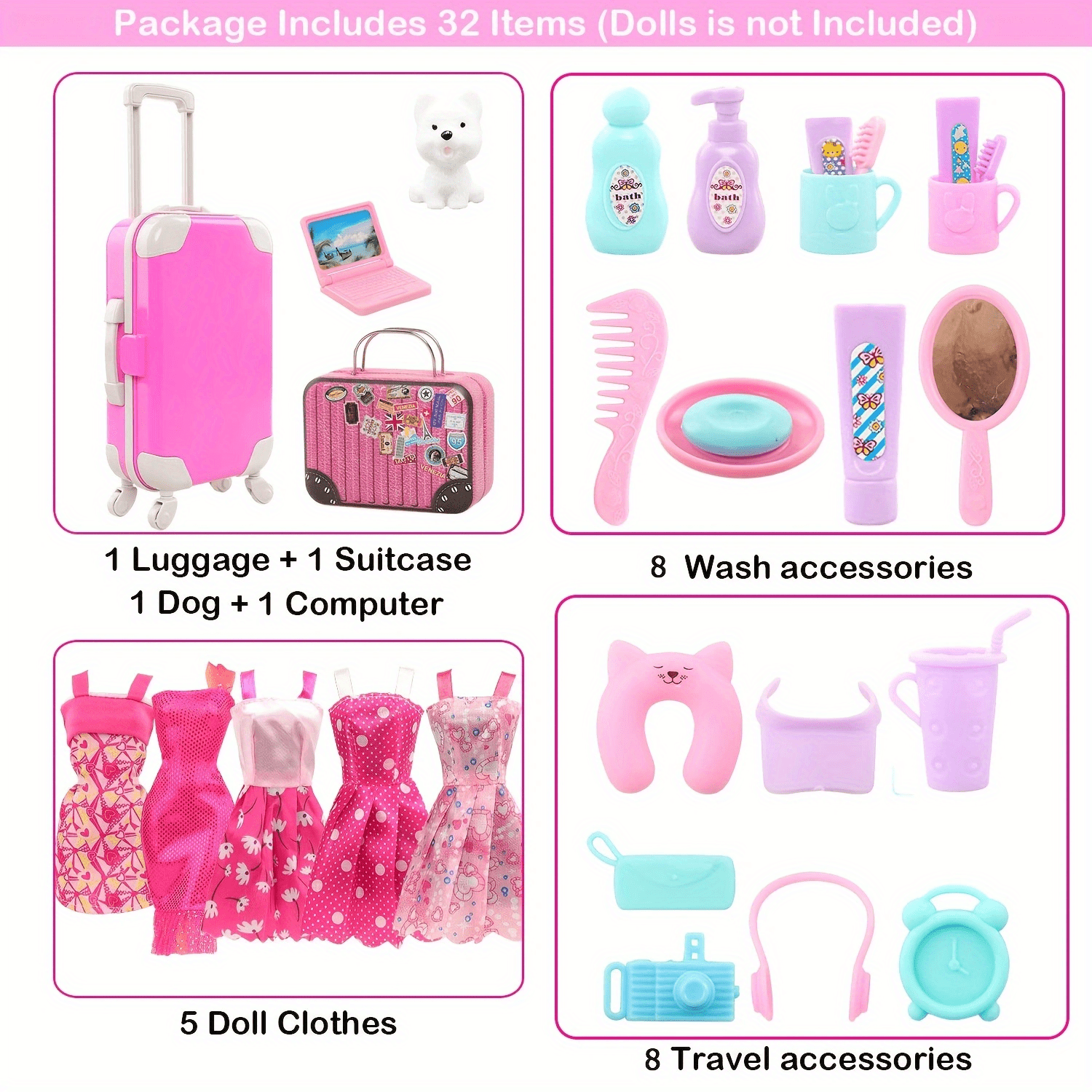 32pcs Maleta De Muneca Ropa De Viaje Y Accesorios Para Muneca De 11.5 Pulgadas Almacenamiento De Viaje 1 Maleta 1 Maleta 23 Articulos De