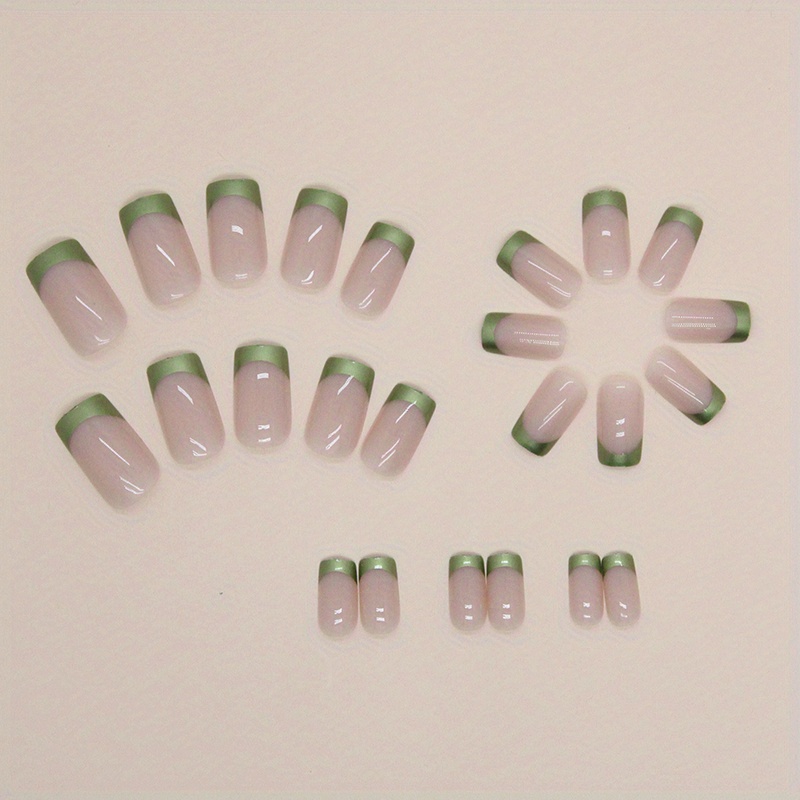 24pcs glossy pink square fake nails medium long aurora green french tip press on nails sweet cool false nails for women girls details 4