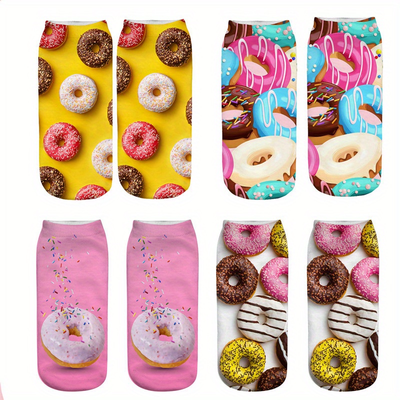 4 Pairs Donut Print Socks, Comfy & Breathable Crew Short Socks, Women's Stockings & Hosiery