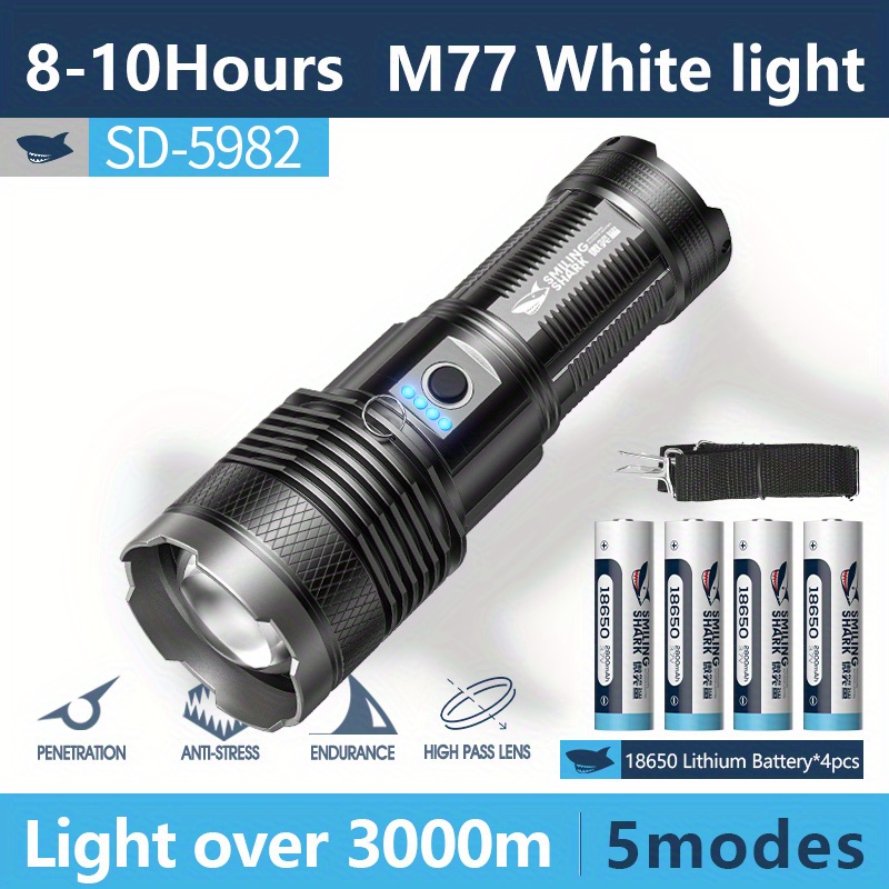 Smiling Shark SD-5990 Strong Bright Torch Light M77 10000LM Powerful  Flashlight USB Rechargeable Zoomable Waterproof Torchlight 18650 Outdoor  Camping Hiking Riding Emergency Hammer Lighting