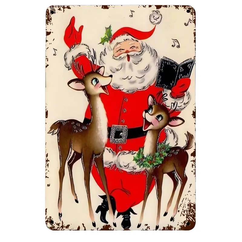 Vintage Santa Reindeer Listening Music Merry Christmas Sign - Temu