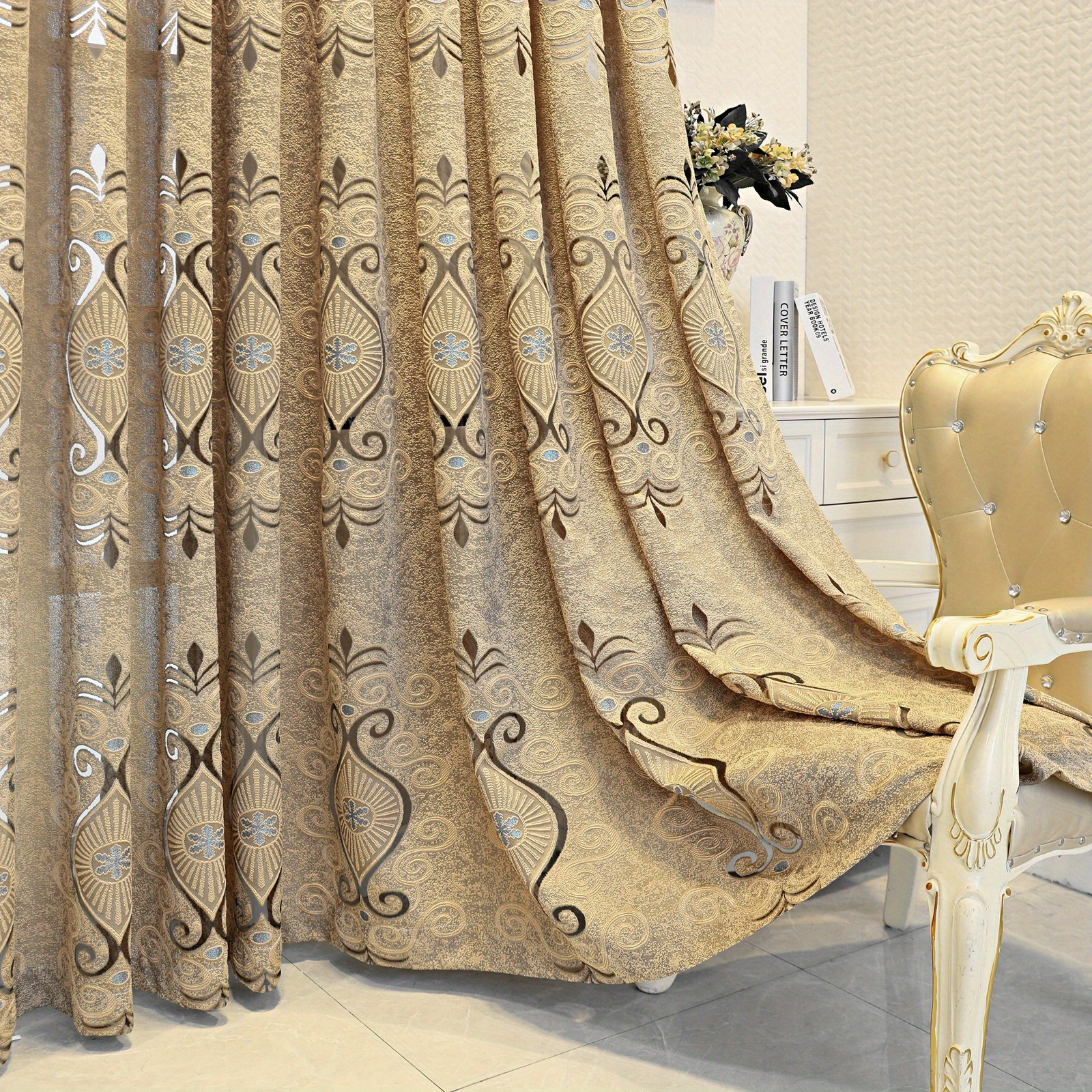 TEMU 1 Panel European Retro Thick Curtain - Coffee-colored Jacquard Gauze With Intricate Floral And Paisley Designs, Light-filtering Sunshade For