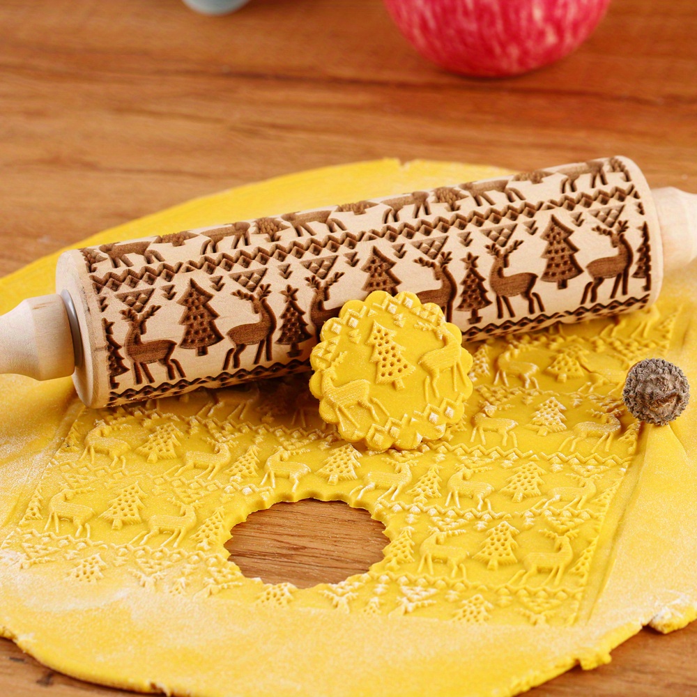 2 Pack Christmas Wooden Rolling Pins Deeply Engraved Embossing