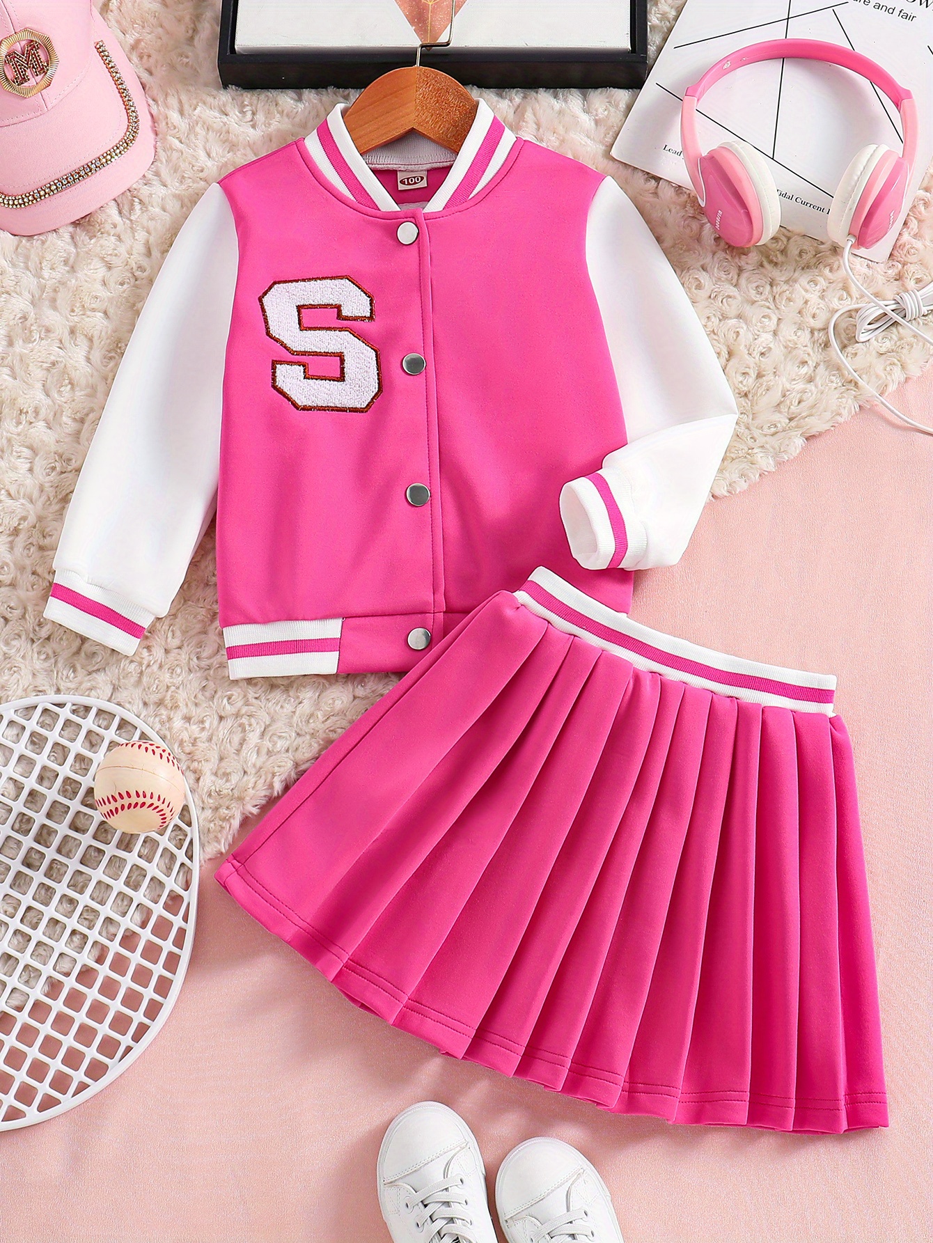 2pcs Girl's Varsity Jacket Outfit, Letter A Patched Bomber Jacket & Pleated Skirt Set, Preppy Style, Kid's Clothes for Spring Autumn,Black,Temu