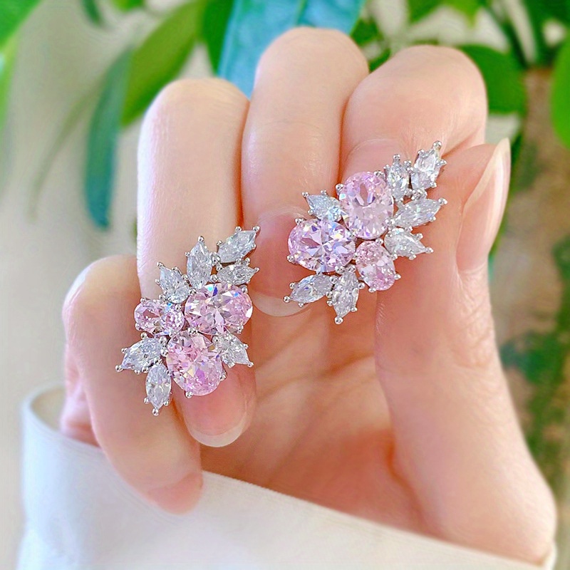 Image of Bridal Wedding Engagement Earrings Exquisite Pink Synthetic Zirconia Shiny Earrings Jewelry