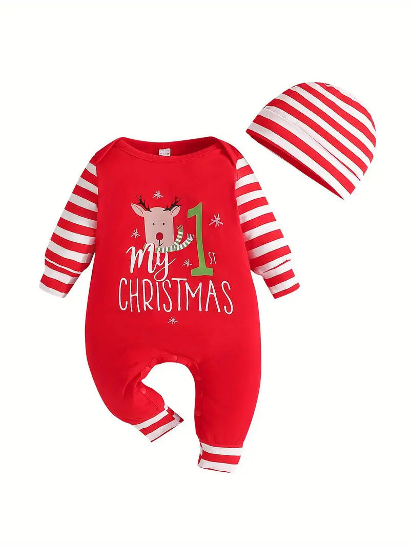 Baby Toddler Boy Christmas Outfit, 0 3 6 12 18 Months Letter Print Long Sleeve Romper Santa Claus Embroidery Pants Hat 3 Piece Clothing Set