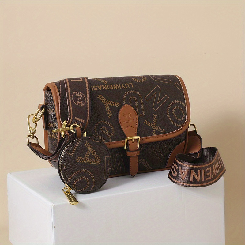 Vintage Letter Print Crossbody Bag, PU Leather Shoulder Bag With Mini Round  Coin Purse, Perfect Sling Bag For Daily Use