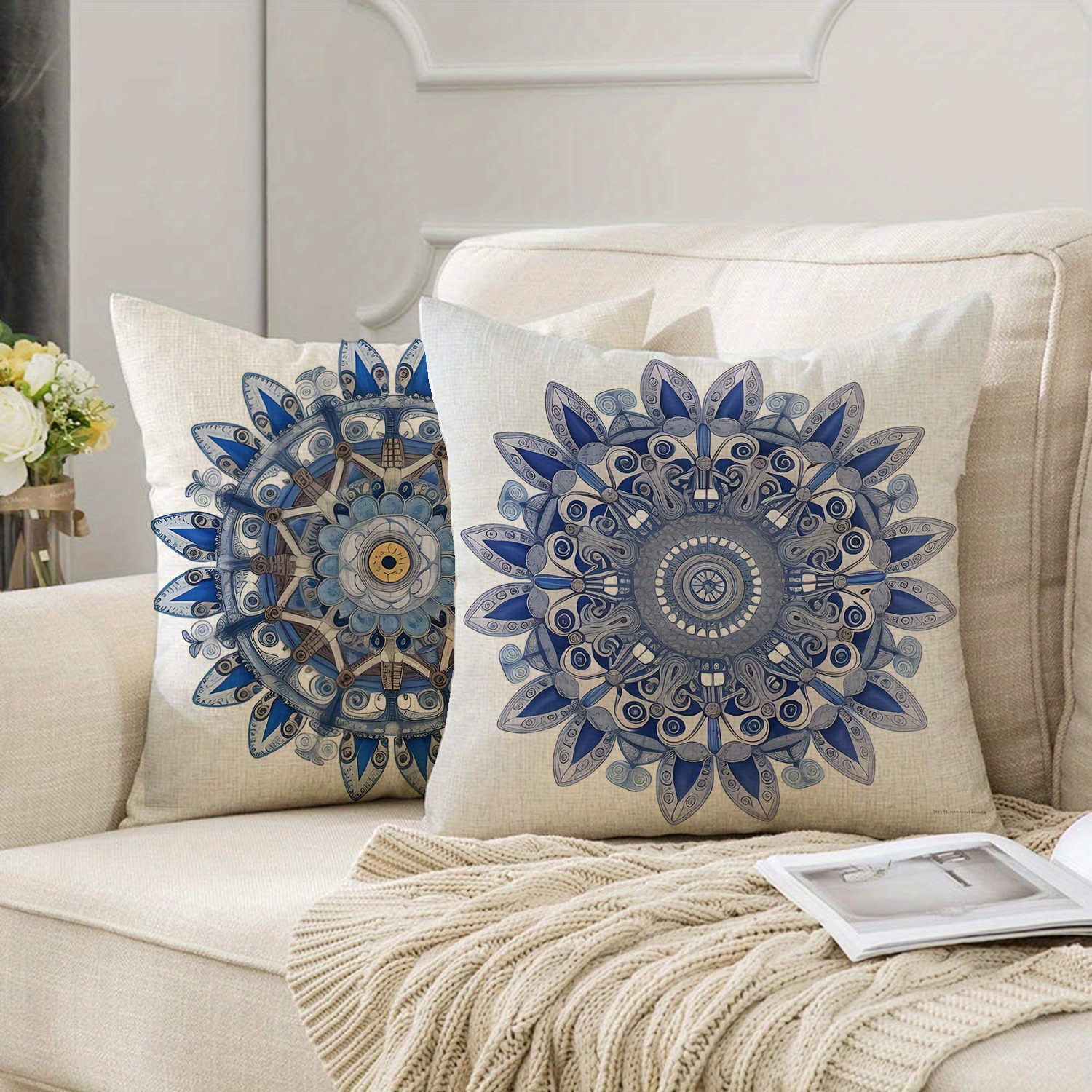 Navy Blue Throw Pillow Covers Decorative Boho Floral Pillow - Temu