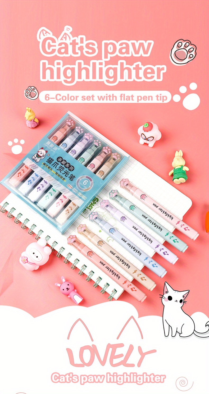 6pcs, 12 Colors, Cat Paw Highlighter Pen, Kawaii Stationary, Back to School  Supplies, Marker Pen, Cute Pen, Kawaii Pen, Planner Pen 