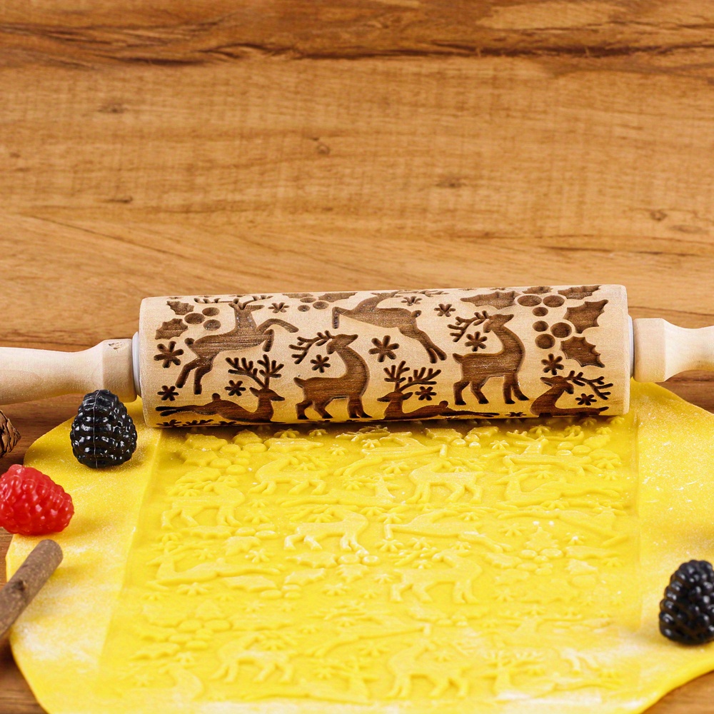 Wooden Embossed Rolling Pin With Christmas Round Seal Deep - Temu