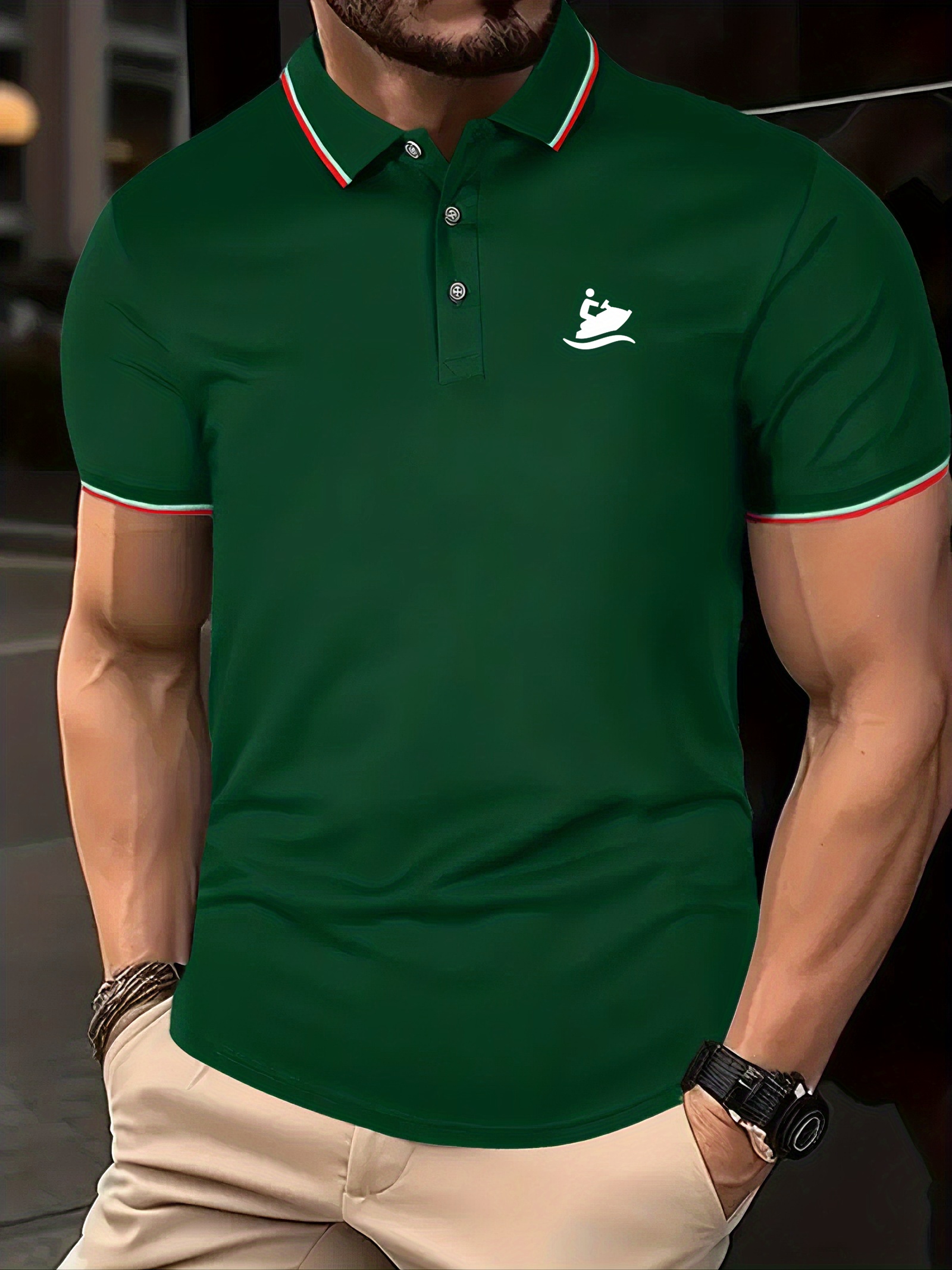 Simple Print Men's Contrast Binding Short Sleeve Polo Shirt - Temu ...