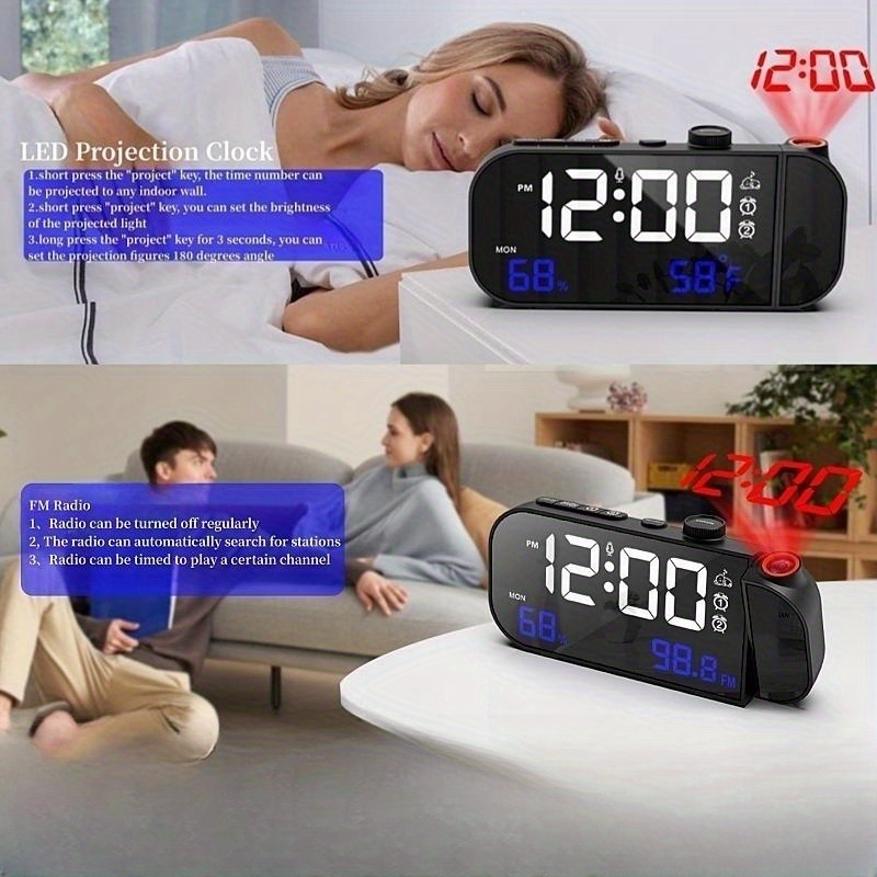 1pc Radio Fm Sveglia Proiezione A 180°, Controllo Vocale/sempre Attivo  Manopola Visualizzazione Settimanale Temperatura E Umidità Volume E  Luminosità Regolabili Allinfinito Doppio Allarme Porta Uscita Usb 12/24h  Snooze Musicale Orologio Digitale A