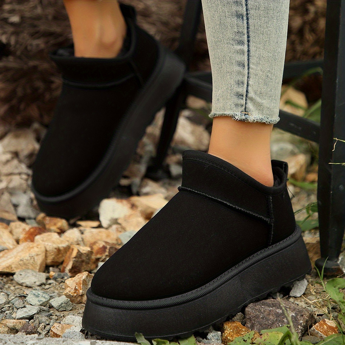 womens solid color platform snow boots casual slip on plush lined boots comfortable ankle boots 37 black 0