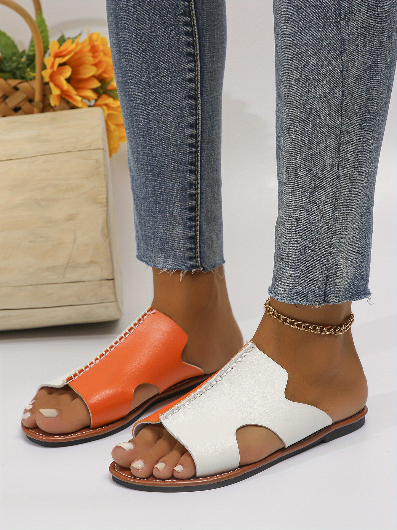 Women Summer Retro Colorblock Leather Flat Sandals
