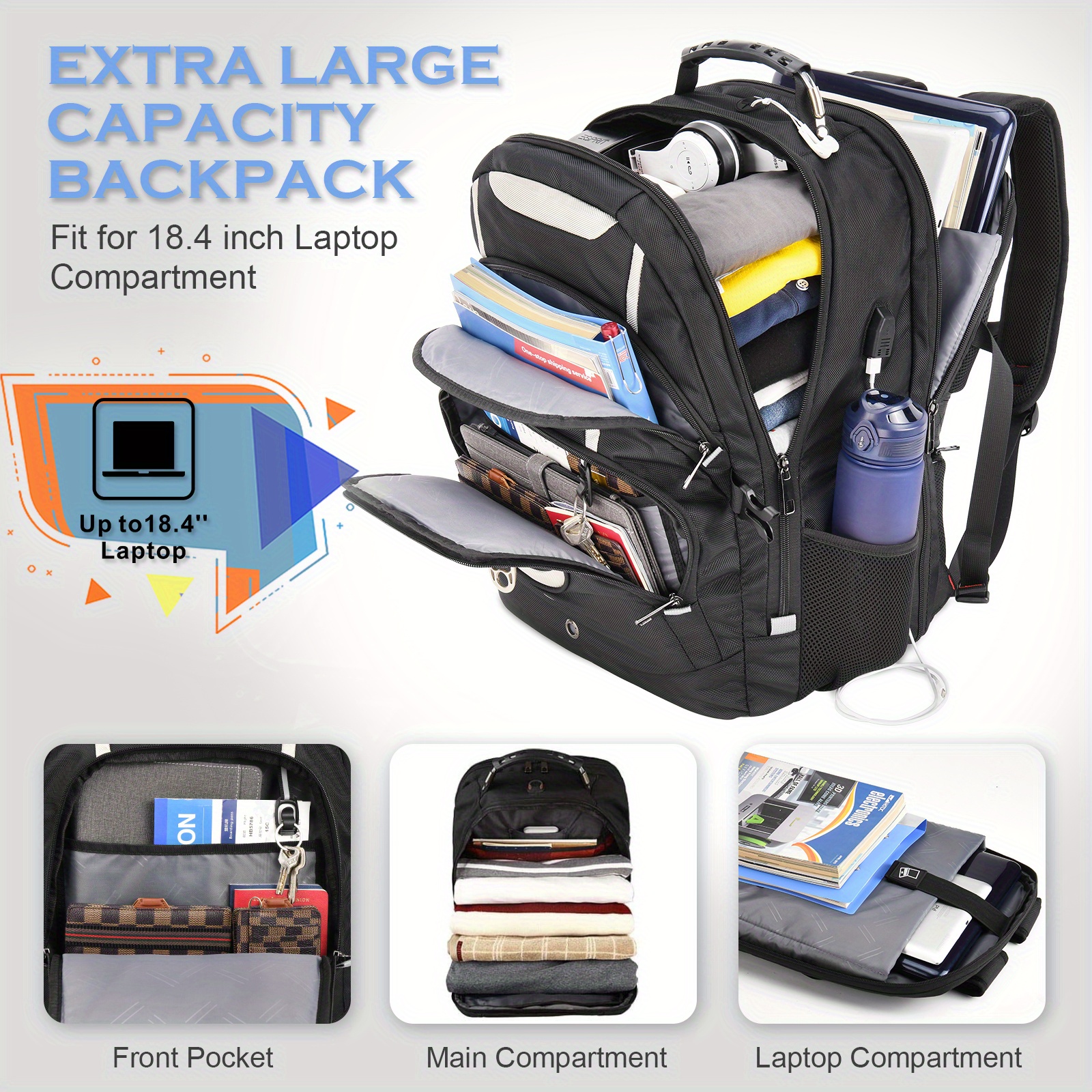 Mochila para laptop de 18.4 para hombre, resistente al agua, 55 L, mochila  de viaje extra grande con puerto de carga USB, aprobada por la TSA para