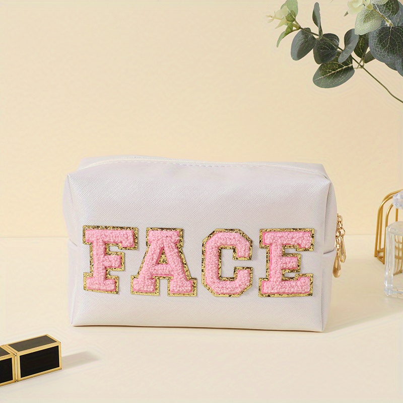 TOPEAST Personalized Preppy Makeup Bag Initial Chenille Letter Patch Makeup  Bag Pouch PU Leather Cosmetic Bag Travel Toiletry Bag Monogram Makeup Bag