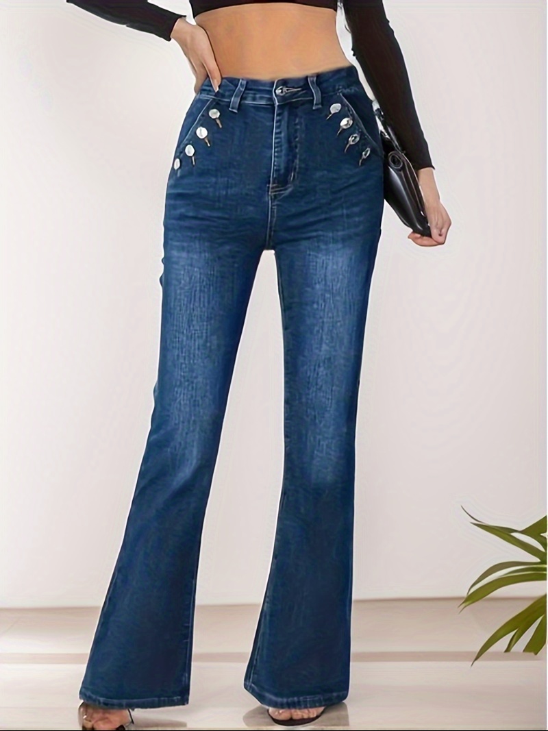 Blue Single Breasted Button Flare Jeans Mid stretch - Temu