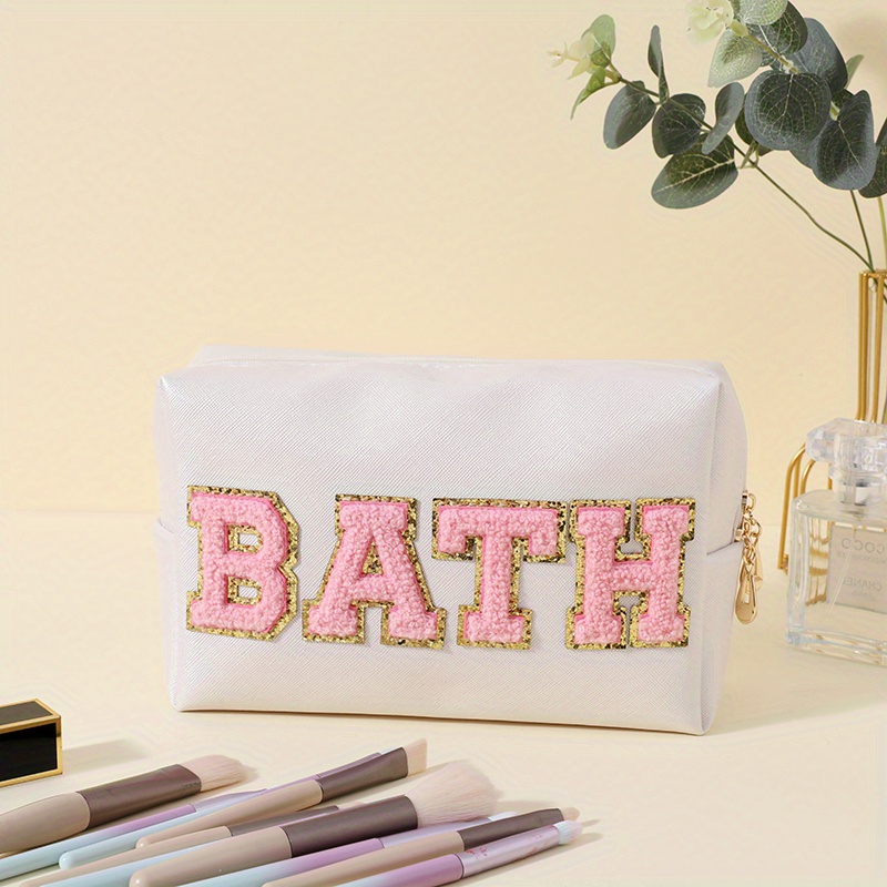 Portable Preppy Patch Makeup Bag Chenille Letter Embroidery - Temu