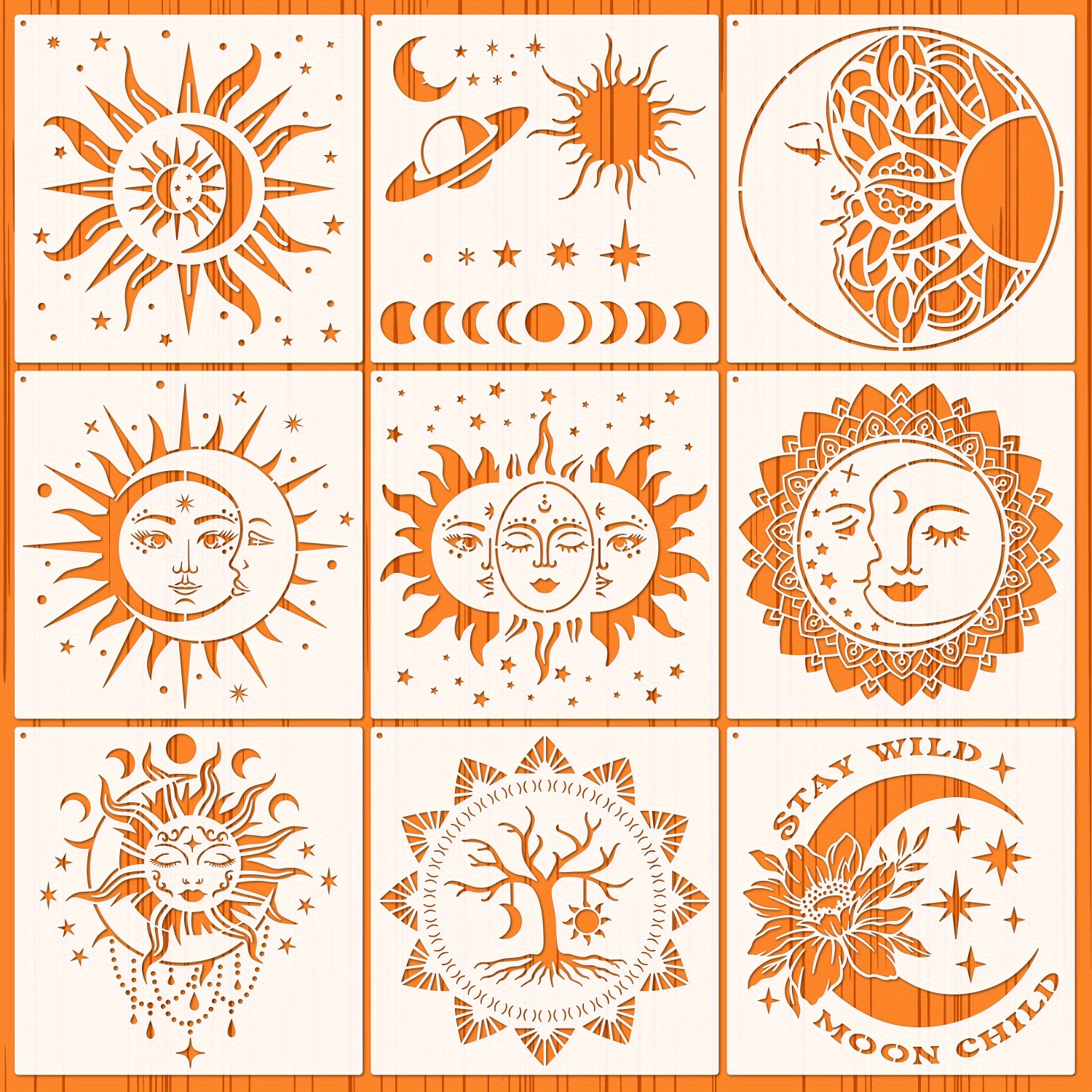 9 Pieces Mandala Sun and Moon Stencil Moon Sun Flower Star Stencil
